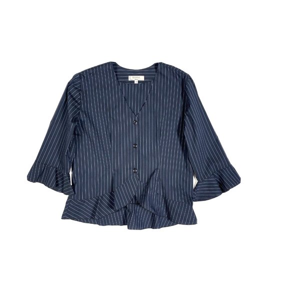 Hanna for La Journee Navy Striped Top Ruffles Blue Button Up Shirt 3/4 Sleeve 3 - Picture 1 of 6